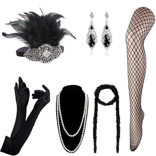 DRESHOW 1920s Accesorios Set Años 20 Fiesta Disfraz Gran Gatsby Diadema Collar Guantes Pendientes para Mujeres