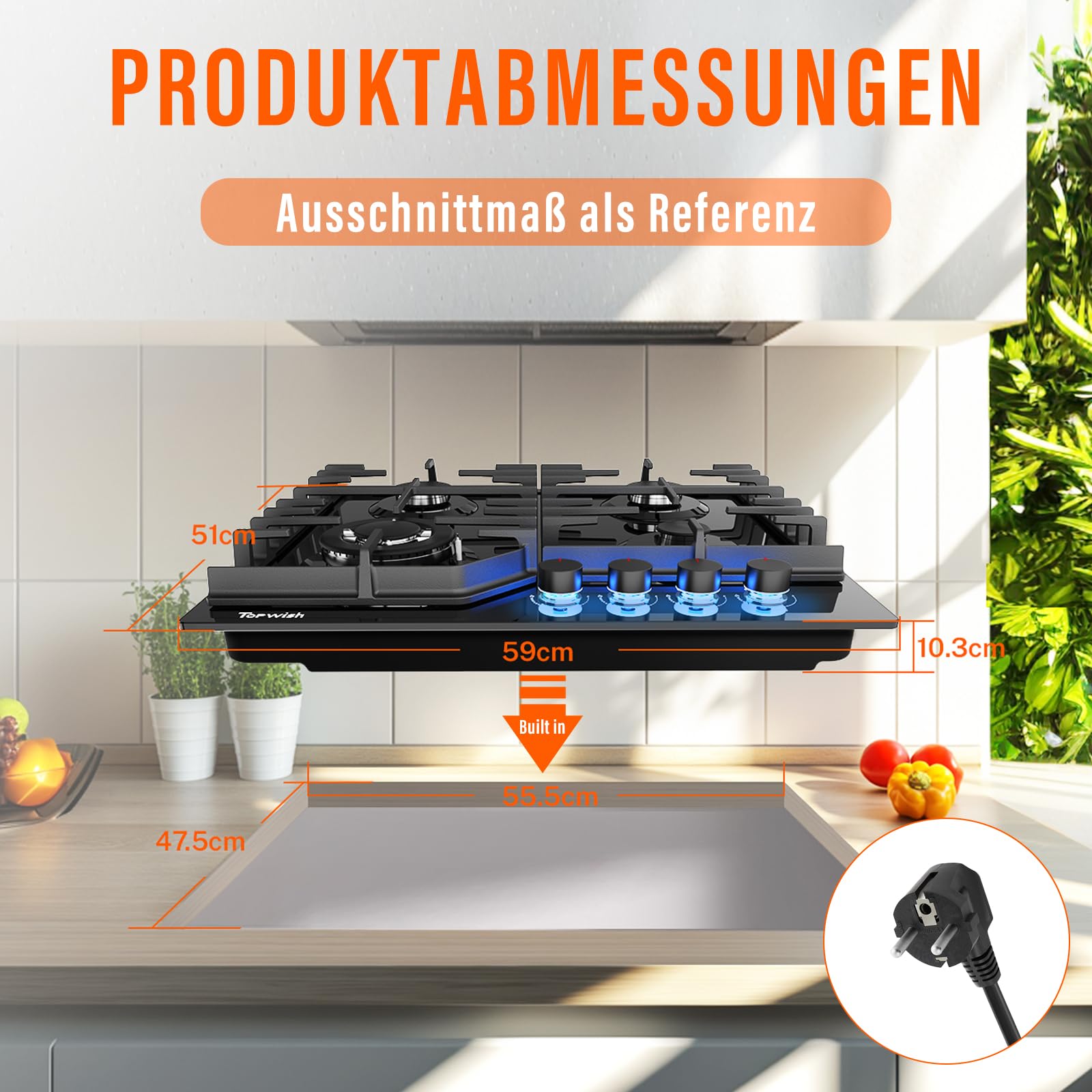 Topwish Gaskochfeld 4 flammig, Gaskochfeld mit blaue beleuchteter drehknopf | Gaskochfeld einbau 60cm, Gasfeld 4 flammig, NG/LPG konvertierbar, flammabriss Schutz, Zündautomatik, 8000 Watt