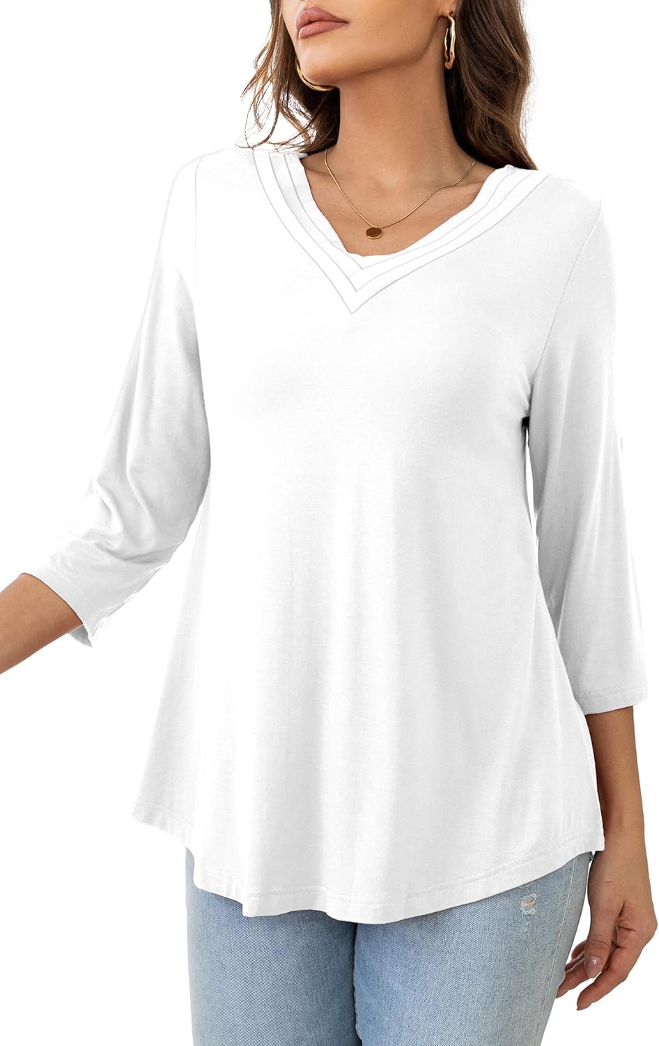 Womens Plus Size Tops V Neck 3/4 Roll Sleeve Casual Shirts Loose Tunic Trendy Blouses - Image 3