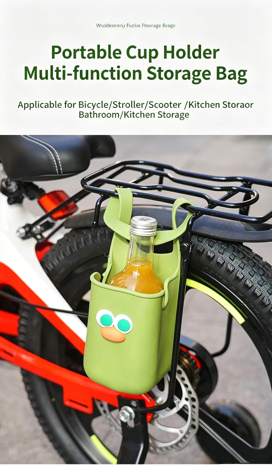 Bike Cup Holder Silicone Hanging Bag, Bicycle Water Bottle Holder for Handlebar and Rear Rack, Cute Cartoon Eyes Drink Storage Pouch for E-Bike, Scooter, Cycling Accessories, Green