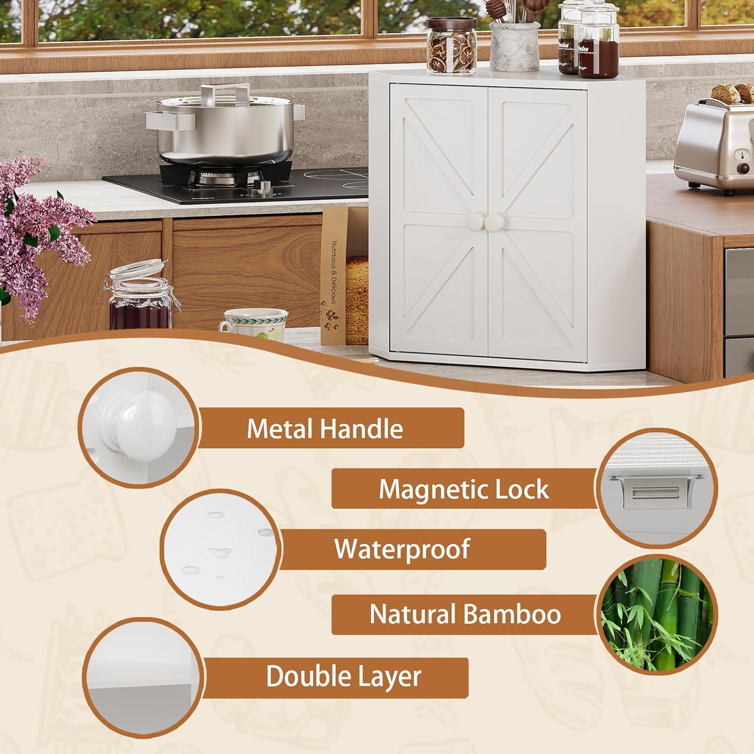 Trironsun Corner Bread Box for Kitchen Counter Double Layer Bamboo Bread Storage Container Large Capacity Bread Storage Bin Farmhouse Breadbox Organizer (White)