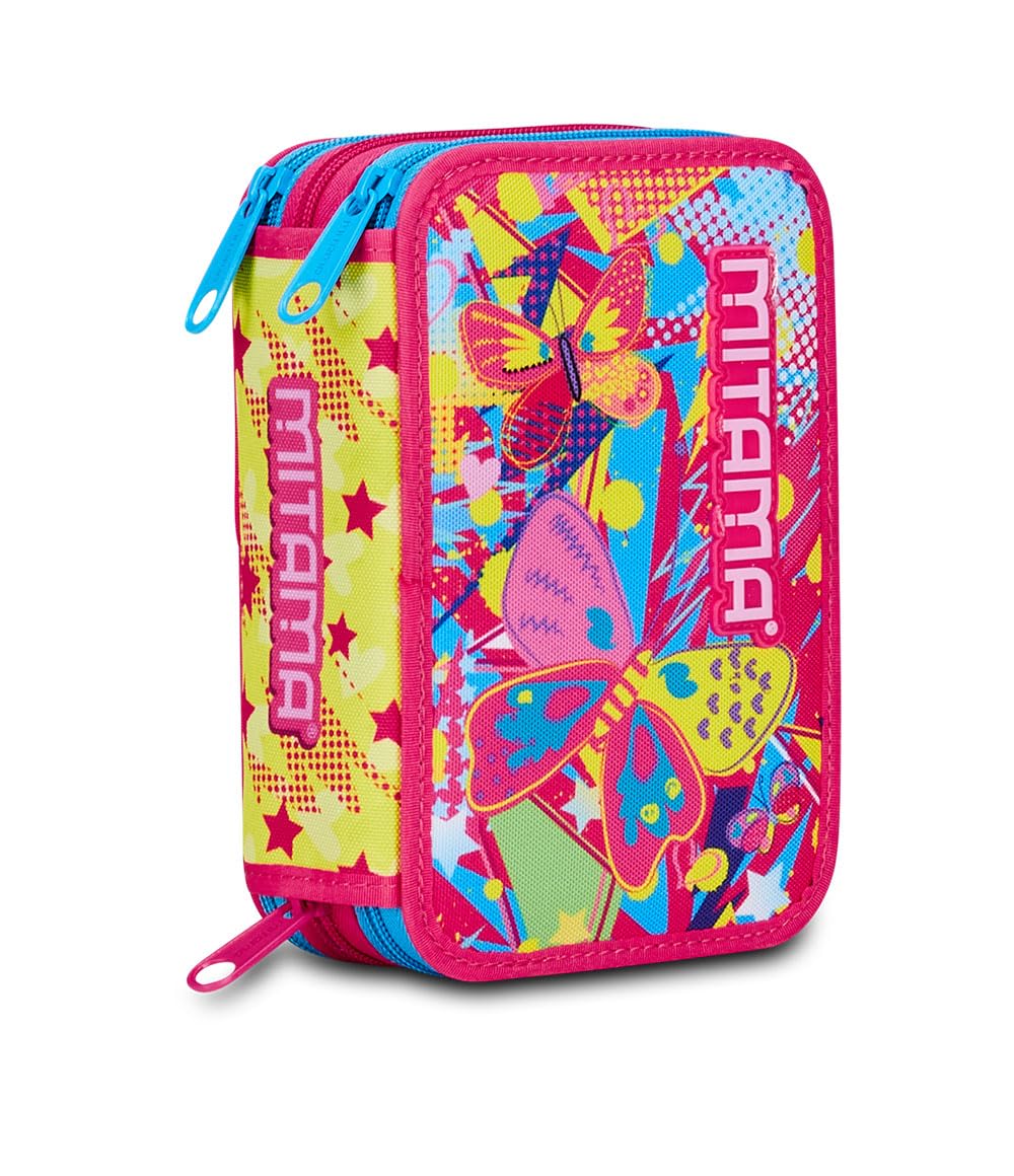 Mitama Estuche Escolar con 3 Compartimentos, Butterfly, Contenido 47 Piezas, Completo de lápices, rotuladores, portalápices Escuela Primaria niña, Rosa, Talla única, Butterfly