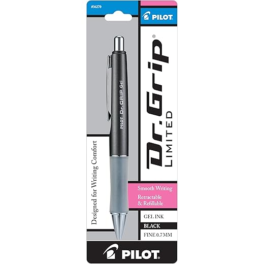 PILOT Dr. Grip Limited Refillable & Retractable Gel Ink Rolling Ball Pen, Fine Point, Metallic Charcoal Gray Barrel, Black Ink, Single Pen (36270)