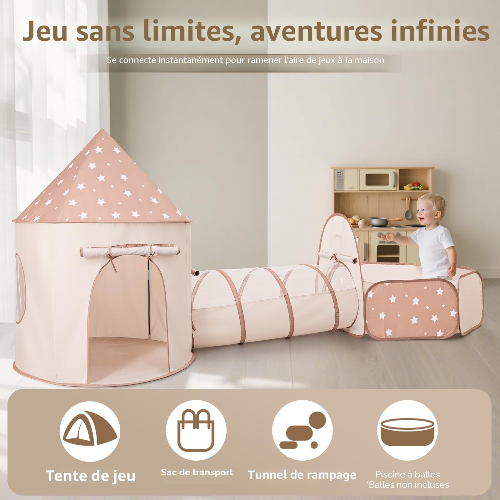 Tente de Jeu Enfants Intérieur 3-en-1 Pop Up Pliable avec Tunnel et Piscine à balles