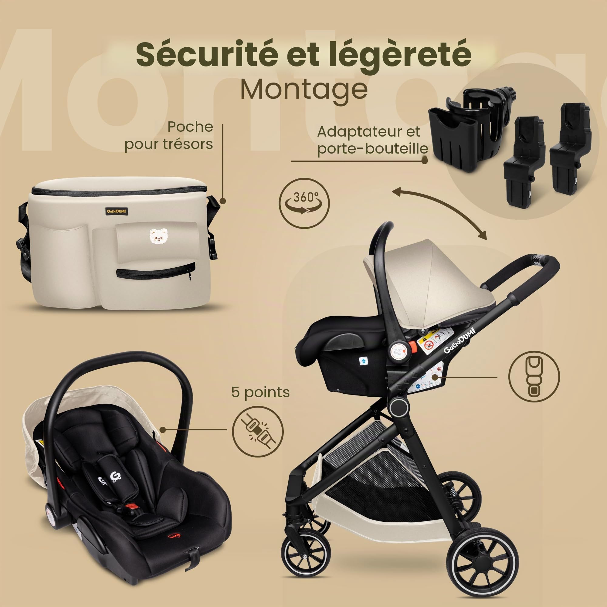 GaGaDumi SoHo poussette combinée 3-en-1 avec siège auto i-Size, certifiée TÜV, nacelle, poussette, ultra légère (env. 7 kg), habillage pluie, moustiquaire, sac à langer, panier et porte-gobelet