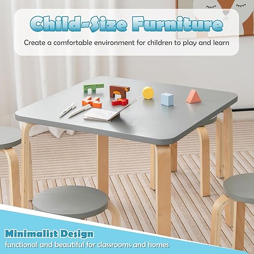 Miniatura 8 de INFANS Juego de mesa y taburete de madera para niños, mesa de actividades de 5 piezas con 4 taburetes para niños pequeños, bloque de construcción,