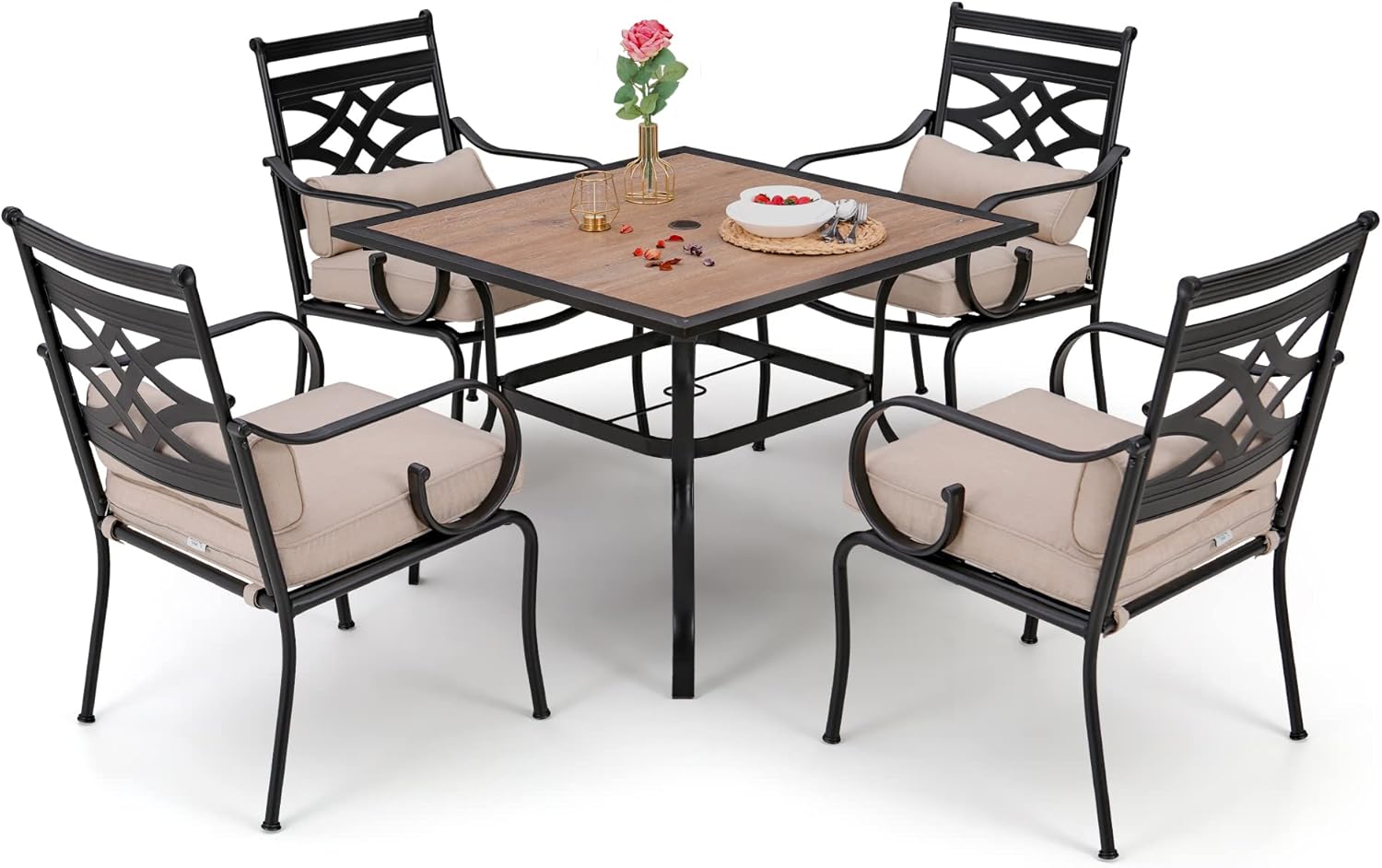 Sophia and William Outdoor Patio Dining Set for 6, Outdoor Table and Chairs, Removable Seat Cushions, 60" Black Patio Dining Table