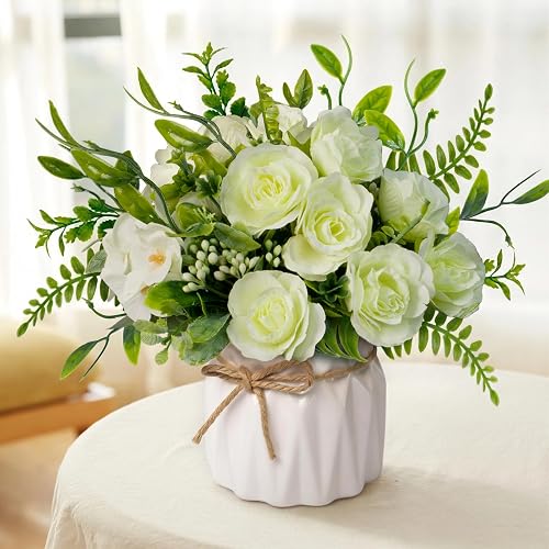 Faux Flowers with Vase,Green Artificial Silk Rose in Vase | Silk Rose Artificial Flowers with Vase for Coffee Table Decor,Living Room Bathroom Plant Decor, Centerpiece Table Decorations