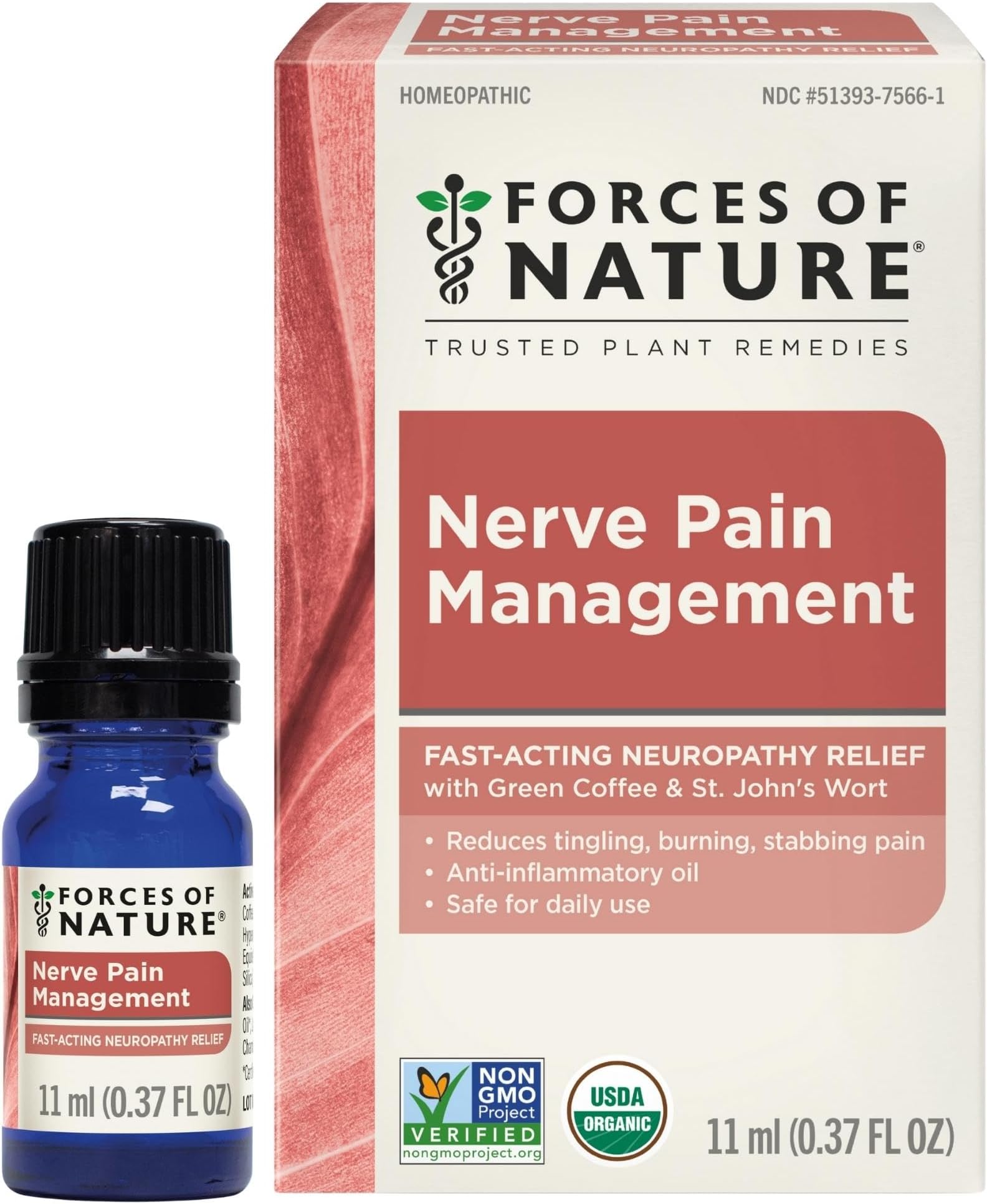 Forces of Nature Nerve Pain Management, Organic Topical Relief for Neuropathy & Nerve Discomfort, Homeopathic Medicine Supports Relief from Shooting Pains for Back, Hands, Legs and Feet, .37 fl oz