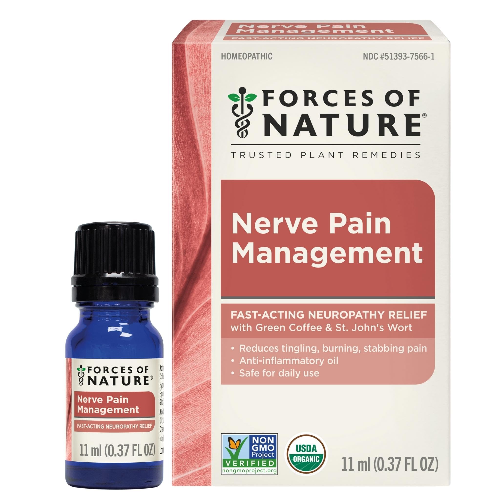 Forces of Nature Nerve Pain Management, Organic Topical Relief for Neuropathy & Nerve Discomfort, Homeopathic Medicine Supports Relief from Shooting Pains for Back, Hands, Legs and Feet, .37 fl oz