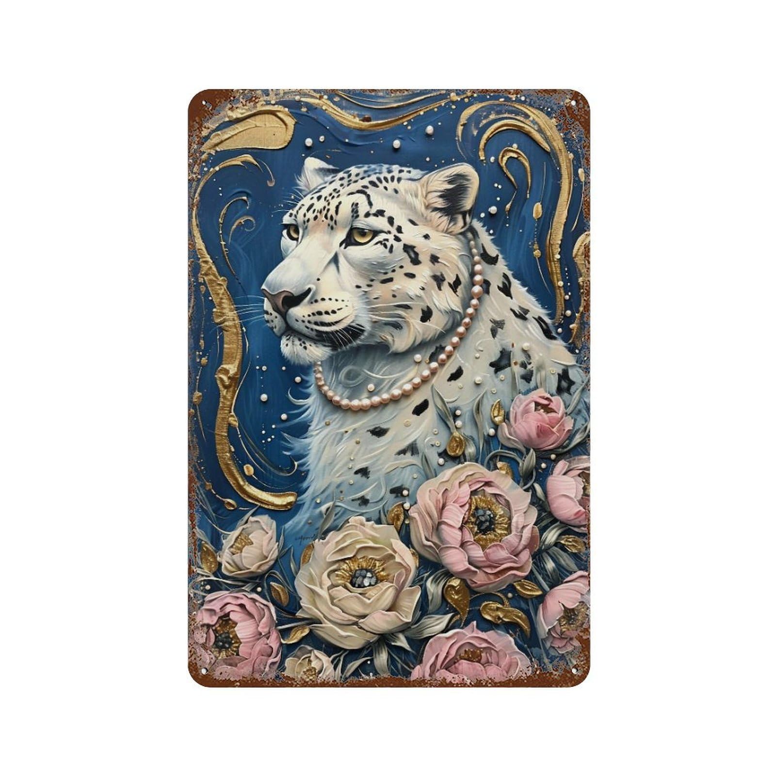 YHGERTKU Opulent Snow Leopard with Pink Peonies 02 Wall Art Retro Iron Vintage Metal Tin Sign Poster Modern Decor for Living Rooms Gift 30x20cm