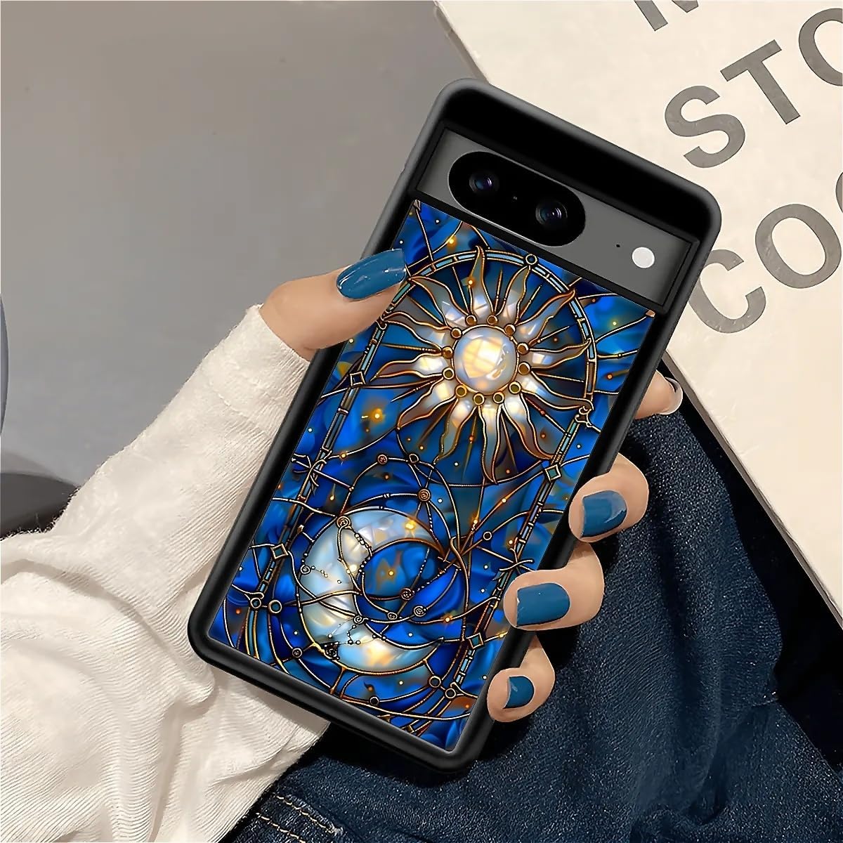 Compatible with Google Pixel 8 Case, Shockproof Protective for Man Women Non-Slip for Google Pixel 8 Crazy Pattern Golden Sun Moon Blue Stained Glass image 3