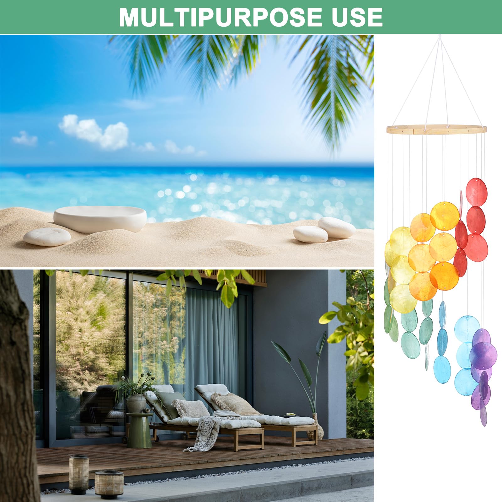 M METERXITY Campanello Vento Conchiglia Esterni, Campana Eolica con Conchiglie Mare e Vetro Mare per Esterni/Patio/Giardino, Campana Vento Artigianale [Multicolore]