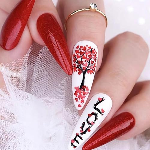Valentines Day Press on Nails Long Almond - WLGDLH Fake Nails Red Glitter False Nails Press ons with Red Heart Tree LOVE Letter Design Acrylic Full Cover Nail Art Kit Stick on Nails for Women 24 Pcs