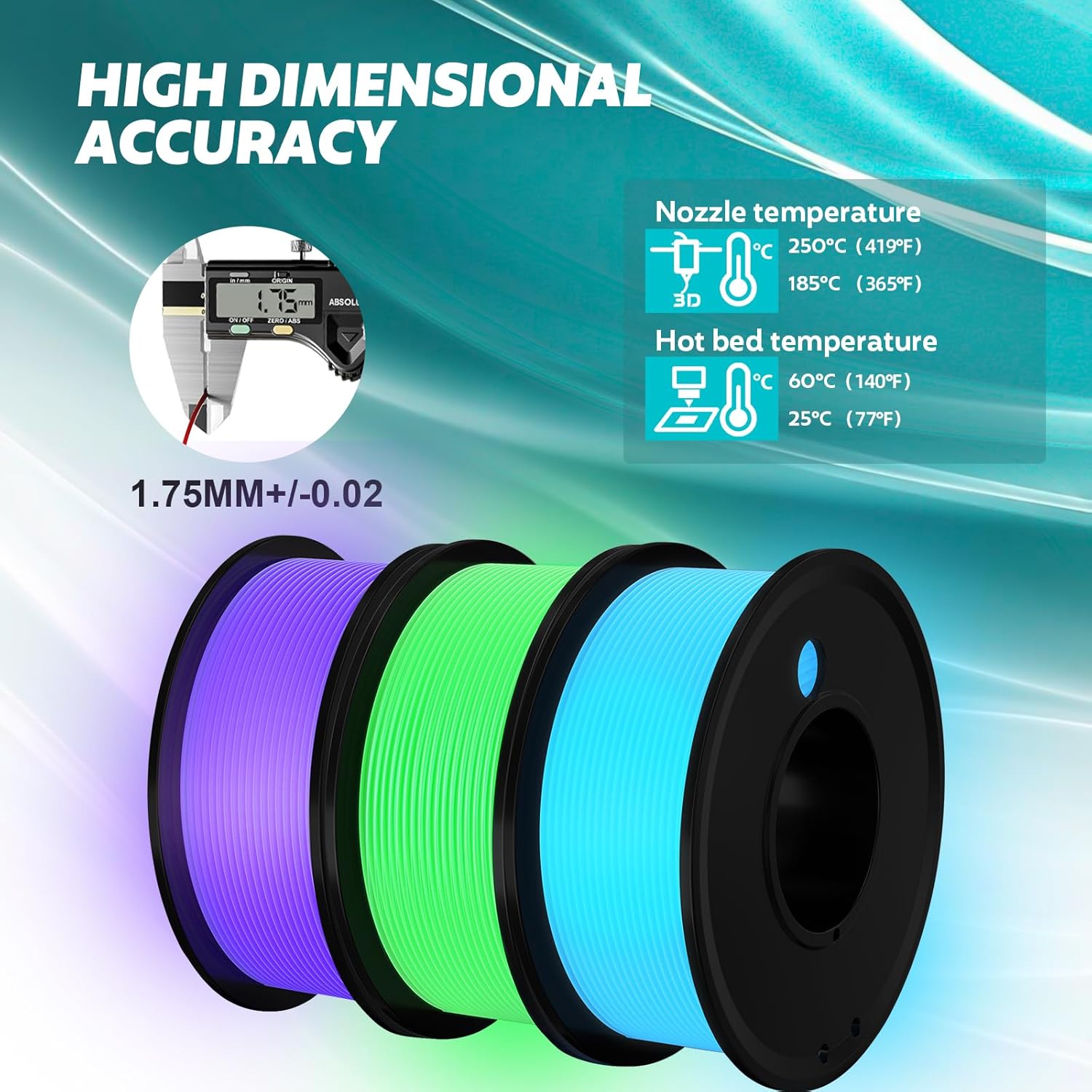 Dollate 3D Printing Filament - 3 Color Printing Filament Blue Purple Green 1.75mm Dimensional Accuracy ±0.02mm Filled Filament Spools, Vacuum Packed 250G X 3