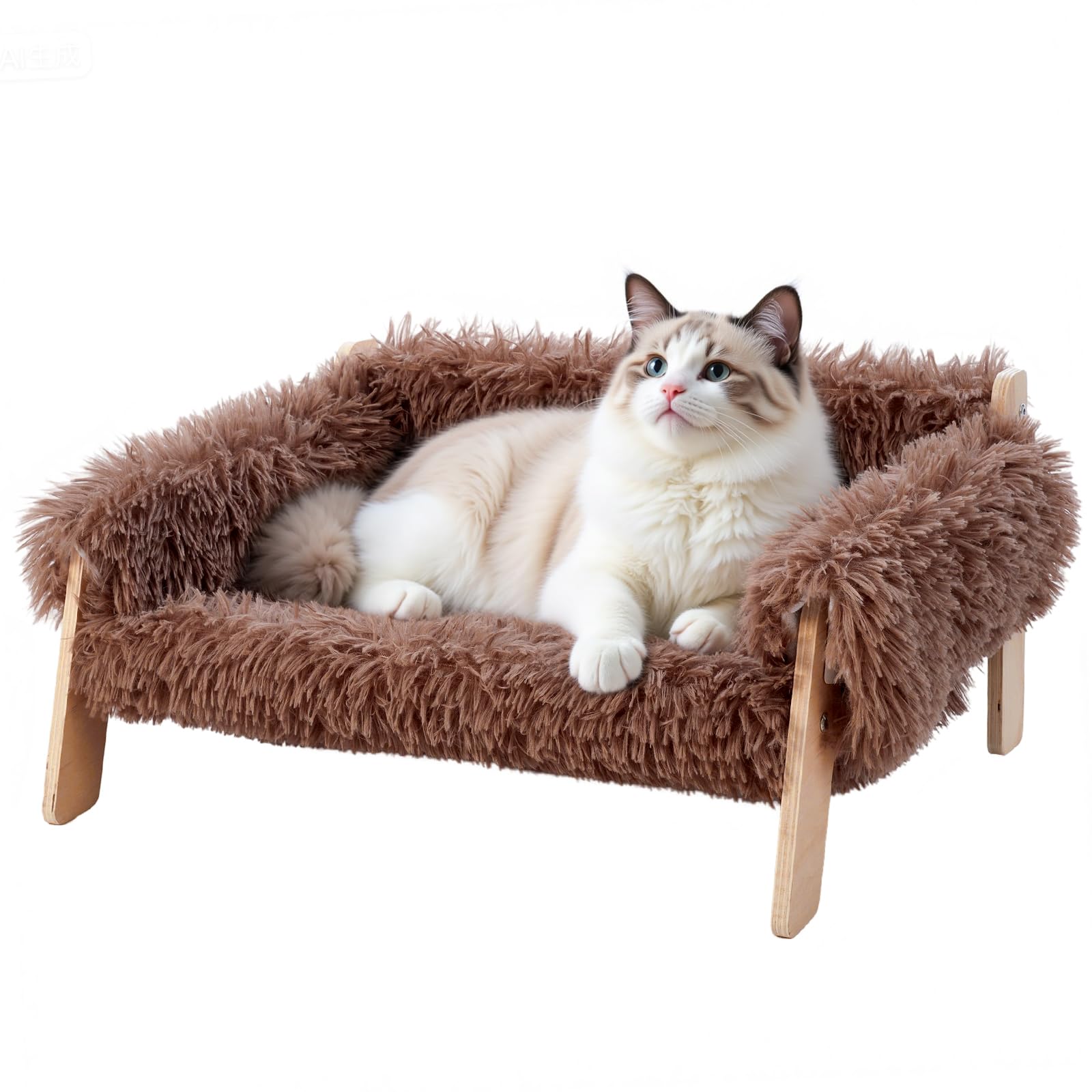 The Fellie Large Cat Sofa Bed, Sturdy Wooden Pet Sofa for Indoor Cats, Soft Cat Couch 56 x 45 x 27cm, Wooden Cats Hammock with Removable Washable Cover Suitable for Kitten, Puppy Up to 15 kg, Brown