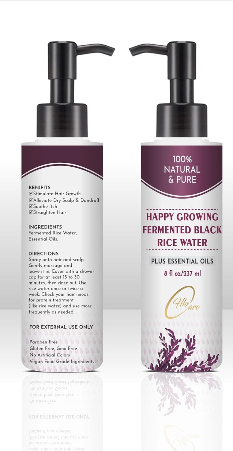 Happy Growing Fermented Black Rice Water Conditioner with Essential Oils Grow Kit Plus Liquid Biotin Supplement Drops and Scalp Massager Stimulator Bundle for Ultimate Hair Growth Advantage