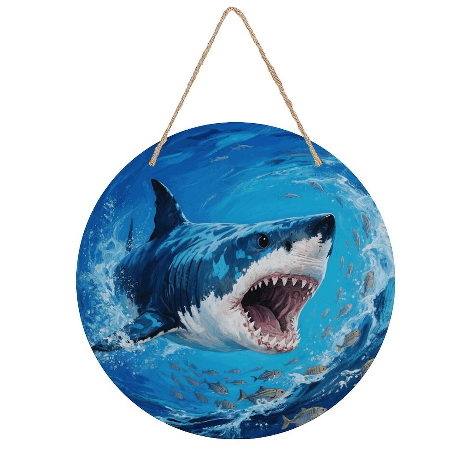 FekiLoot Fiercely Shark Wall Art Decor Rustic Vintage Hanging Wall Sign Aesthetic Welcome Door Sign with Rope, Round Wood Walls Decoration Picture for Home Front Door 7.9x7.9 in