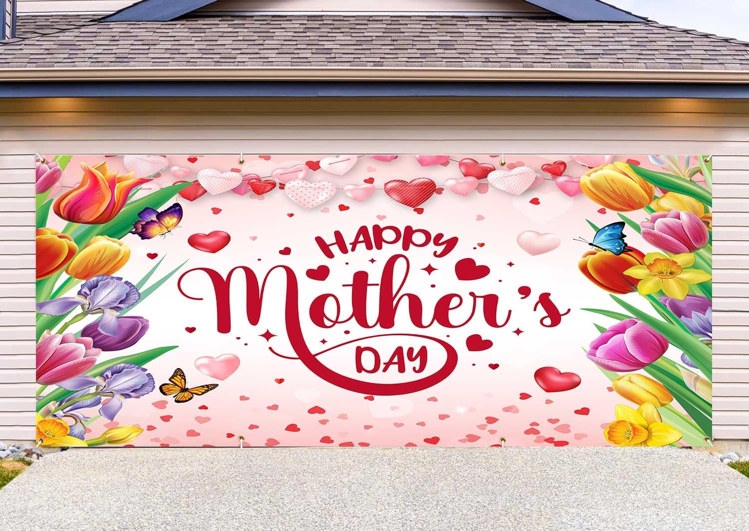 Happy Mother's Day Garage Door Cover Banner Decorations, Mothers Day Outdoor Car Garage Door Murals Buddy Decorations Extra Large 16 X 7 Ft