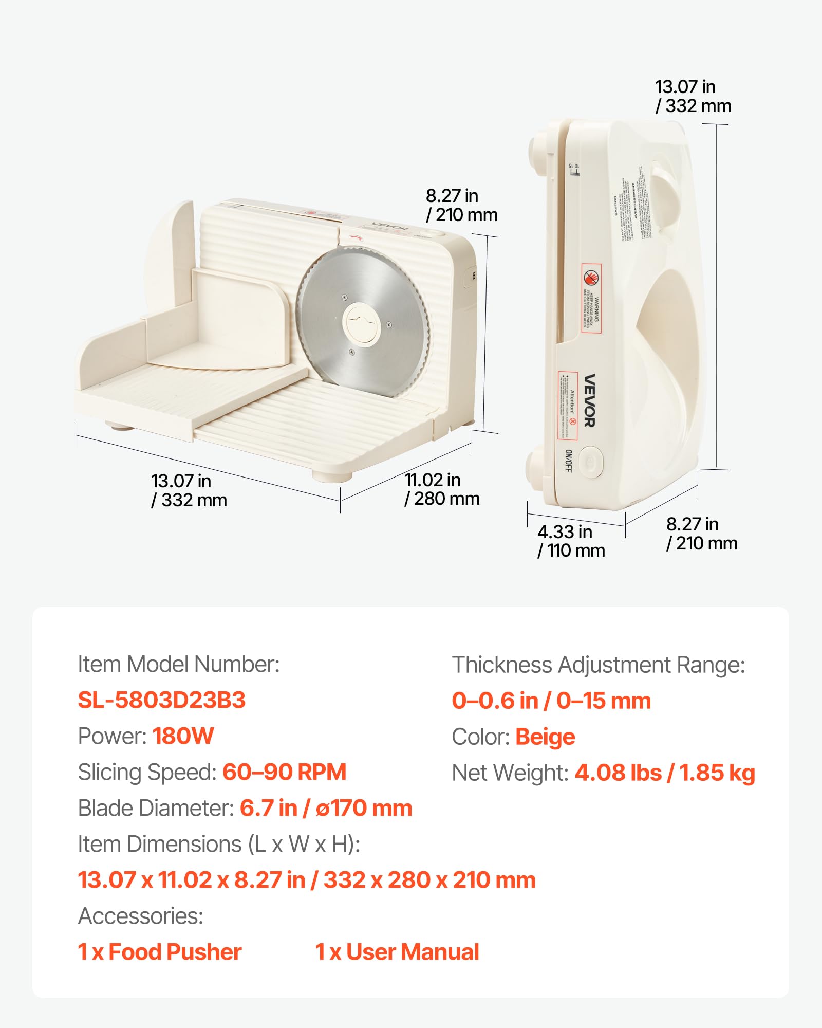 VEVOR Trancheuse Électrique 180 W, Lame 170 mm, Vitesse 60-90 tr/min, Épaisseur 0-15 mm
