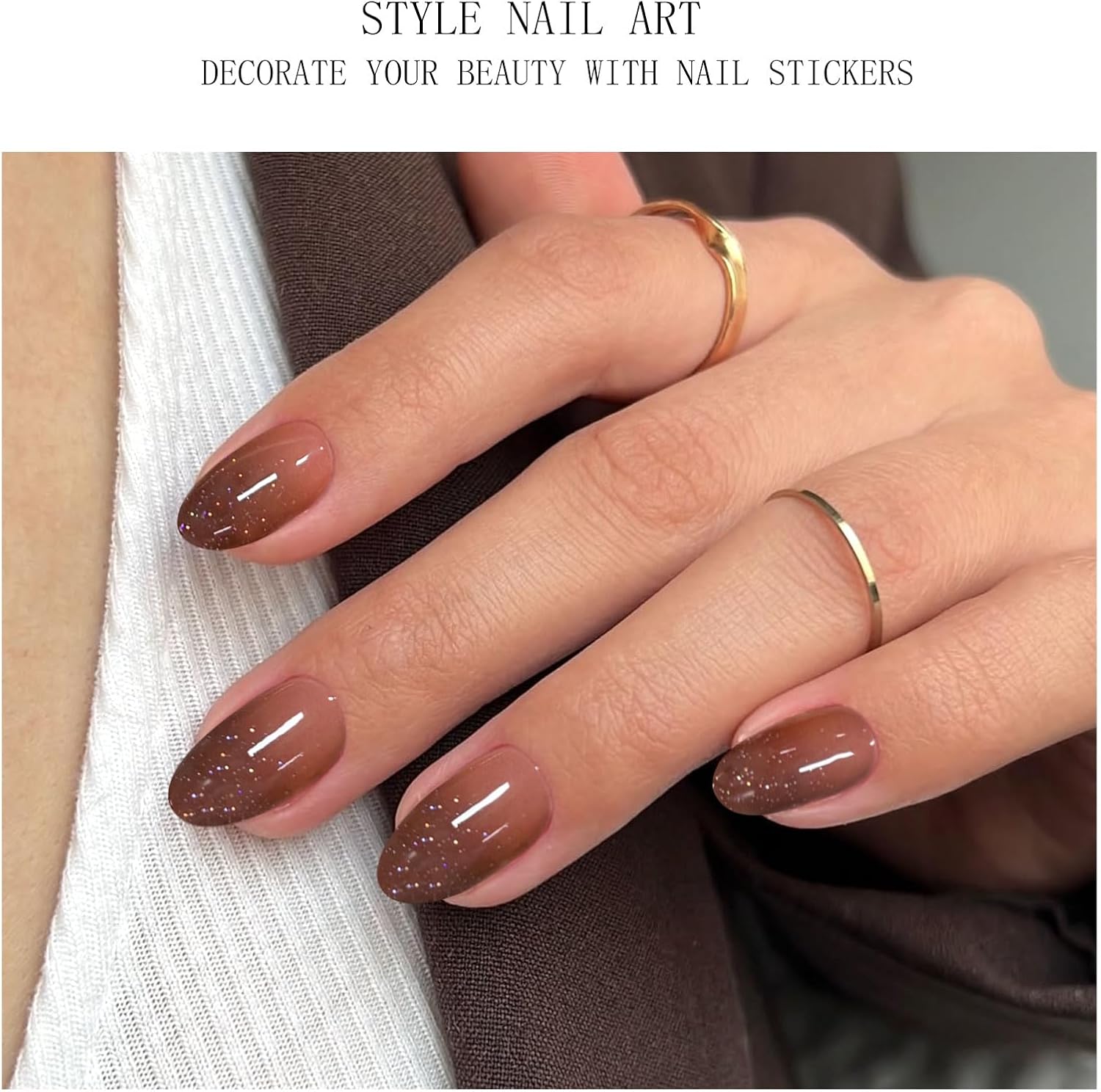 JMEOWIO Gel Nail Stickers Coffee Glitter Gradient Semi Cured Gel Nail Strips Wraps UV/LED Nails Art Design Decoration Accessories