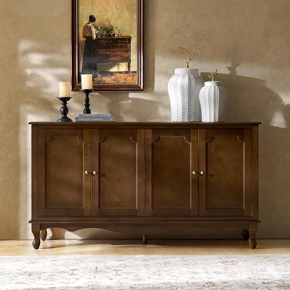 HULALA HOME Sideboard Buffet Cabinet with Storage, 58" Kitchen Farmhouse Wood Credenza Storage Cabinet with 4 Doors & 2 Shelves, Accent Console Table with Solid Wood Legs & Adjustable Shelves, Walnut