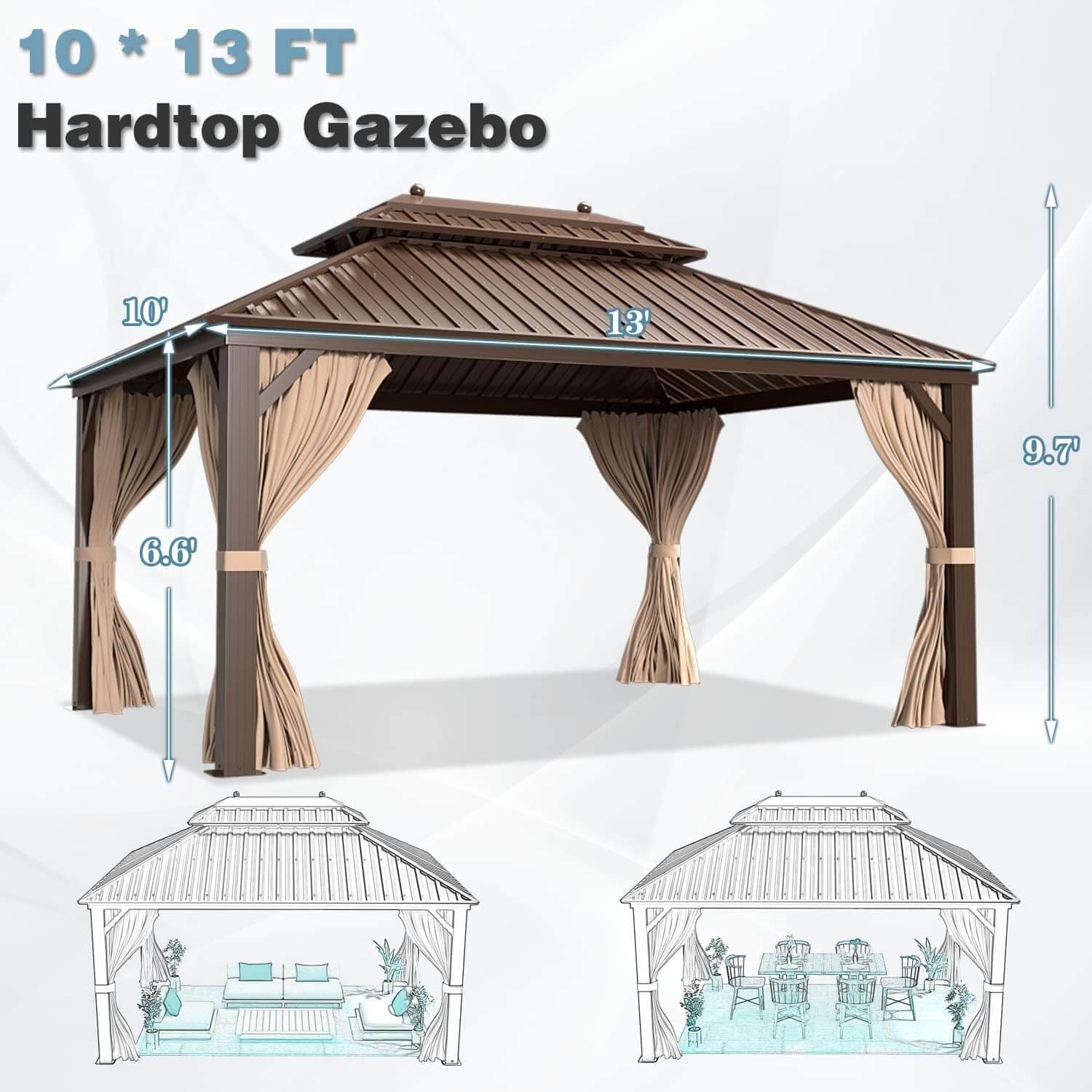 Dimensional diagram of the MELLCOM 10'x13' Hardtop Gazebo.