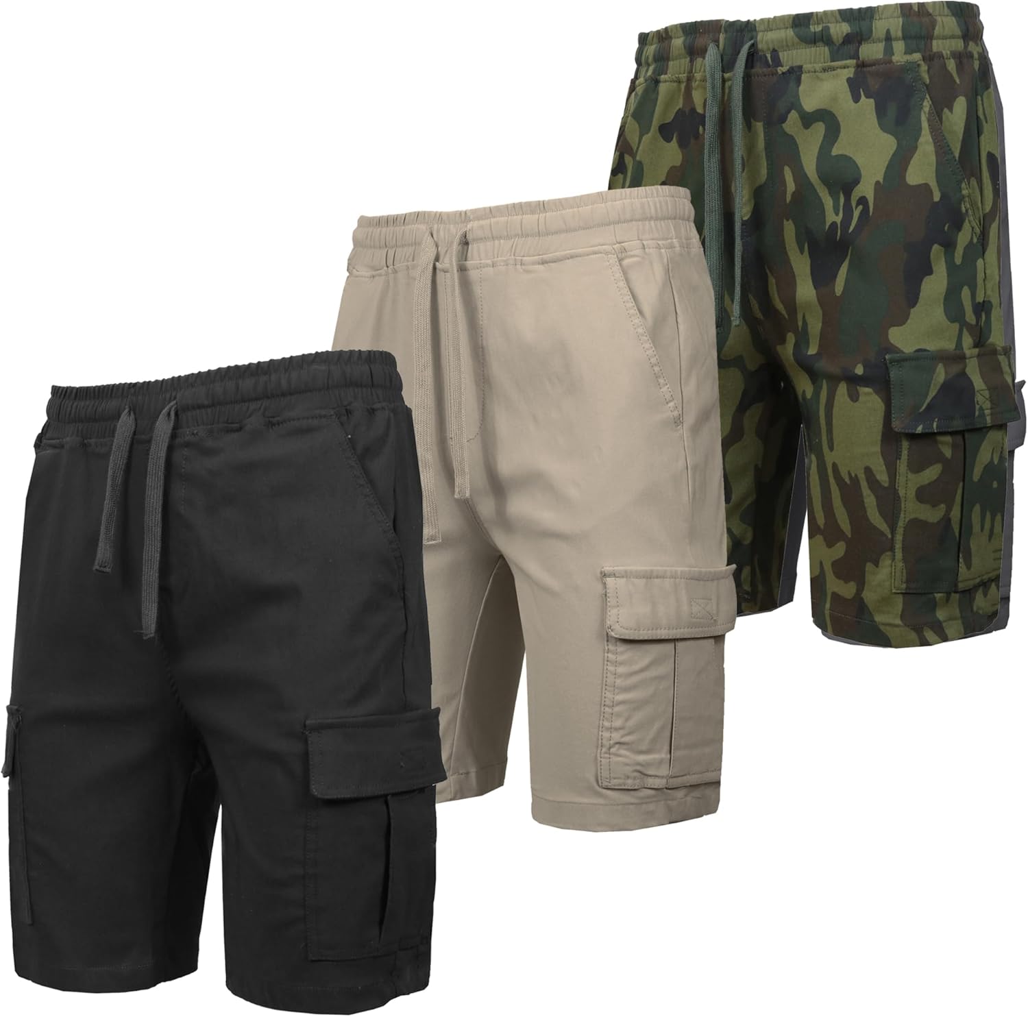 Galaxy by Harvic 3-Pack Men’s Stretch Pull-On Cargo Shorts – Elastic Waist, Drawstring, 6 Pockets, 4-Way Flex Fabric (S-2XL)