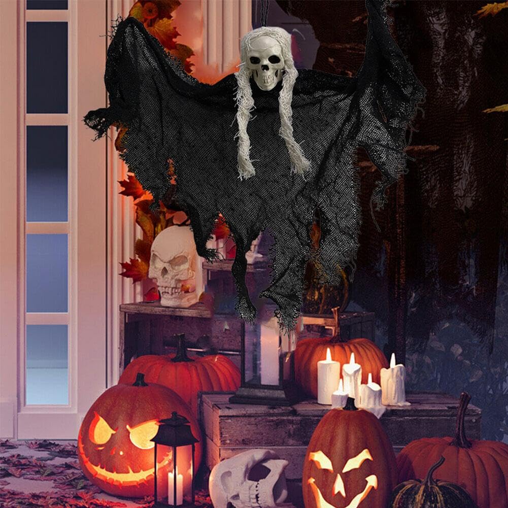 Fantôme Suspendu Halloween 85 Cm - Tissu Noir/gris Avec Tête De Mort, Décoration Effrayante