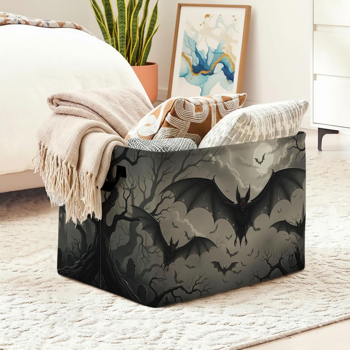 Bats Laundry Hamper with Handles,Large 56L Foldable Square Clothes Basket Multi‑Use Blanket Storage Bins for Organizing Books,Toys,Gifts,Room Decoration,Laundry Room,Dorm Nursery