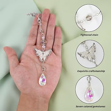 Butterfly Crystal Suncatcher Window Hanging Decoration - 8'' Reflective Sun Catcher Rear Viewmirror, Charms for Car Interior Home Decoration, Gifts for Women Men