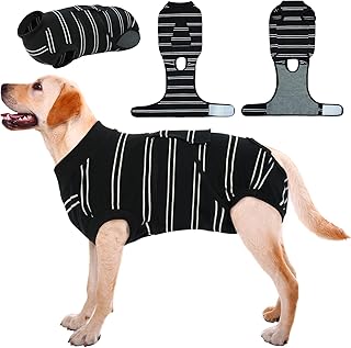 Kuoser Dog Surgery Recovery Suit for Female Male Dogs, Stripes Spay Neuter Anti-Licking Dog Onesie, Surgical Suit Snugly Pet Post Surgery Vest Bodysuit for Abdominal Wounds Skin Disease, Black 2XL