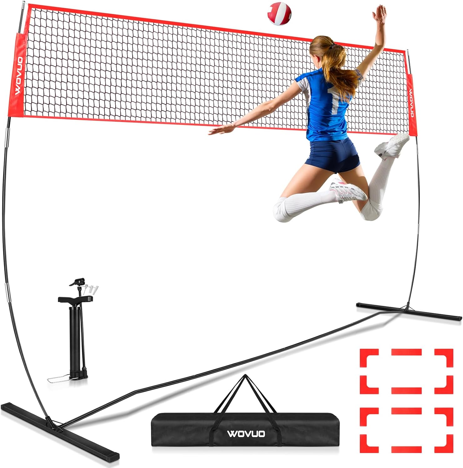 12Ft Beach Volleyball Net for Backyard, Portable Net Set, Freestanding Volleyball Training Equipment with Pump, Bag, Sports Game for Outdoor Indoor, Height Adjustable