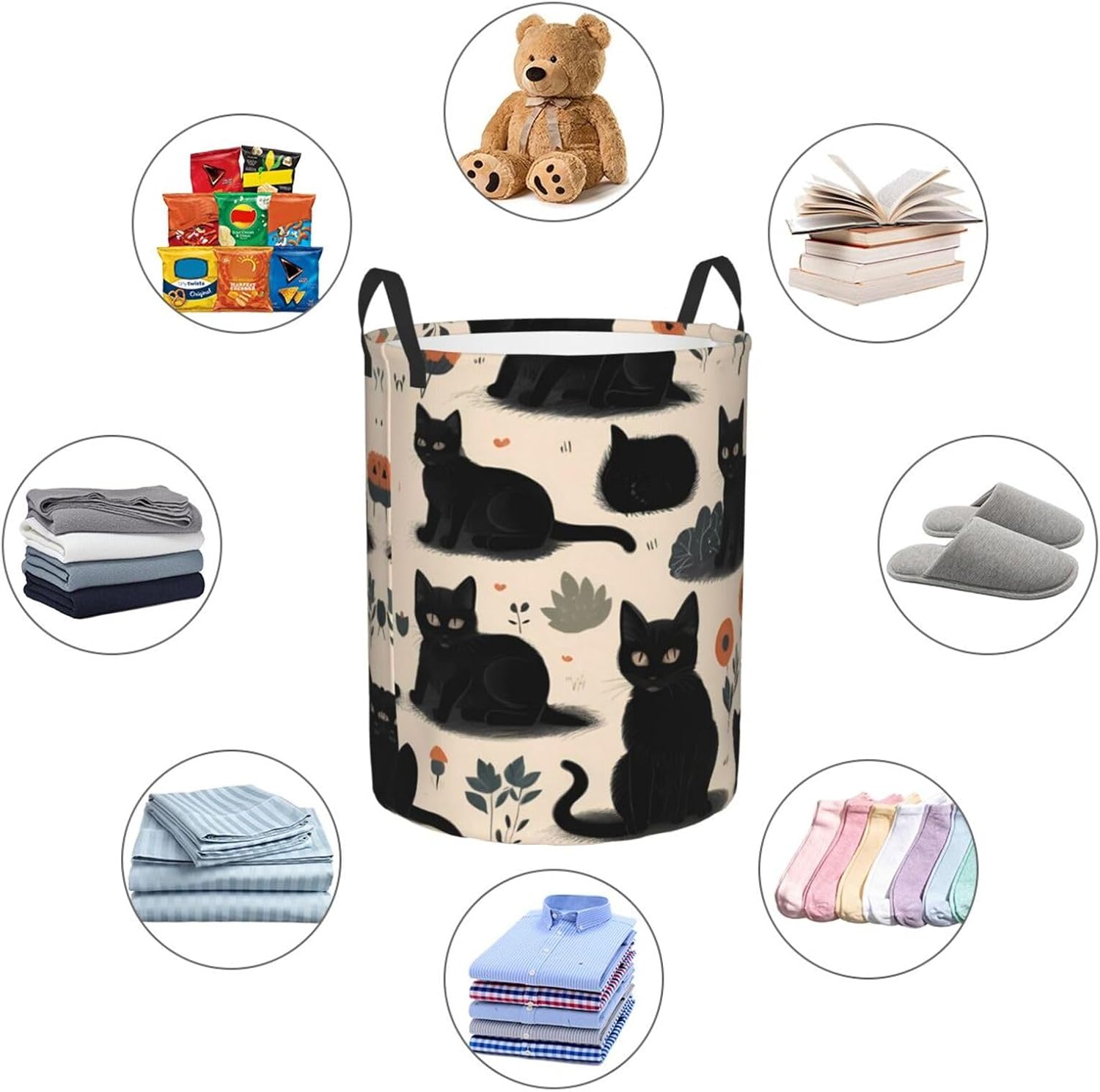 Cat print pattern Round Single-layer Laundry Basket, Portable Storage Laundry Basket, Bedroom Clothes Storage Basket with Handle