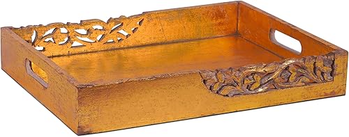 Bandeja de mesa auxiliar (oro desgastado) – Bandeja de madera "Flourish" con asas para desayuno en la cama – Bandeja decorativa de madera de mango