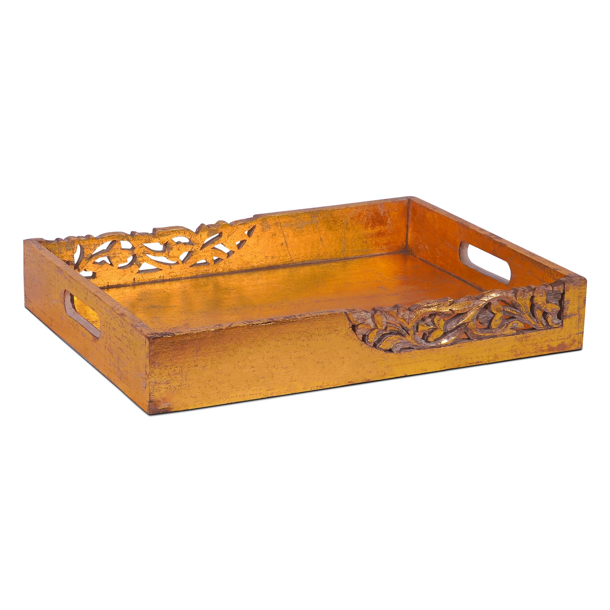 Plateau bois de manguier rectangulaire Flourish or vieilli 40x30 cm