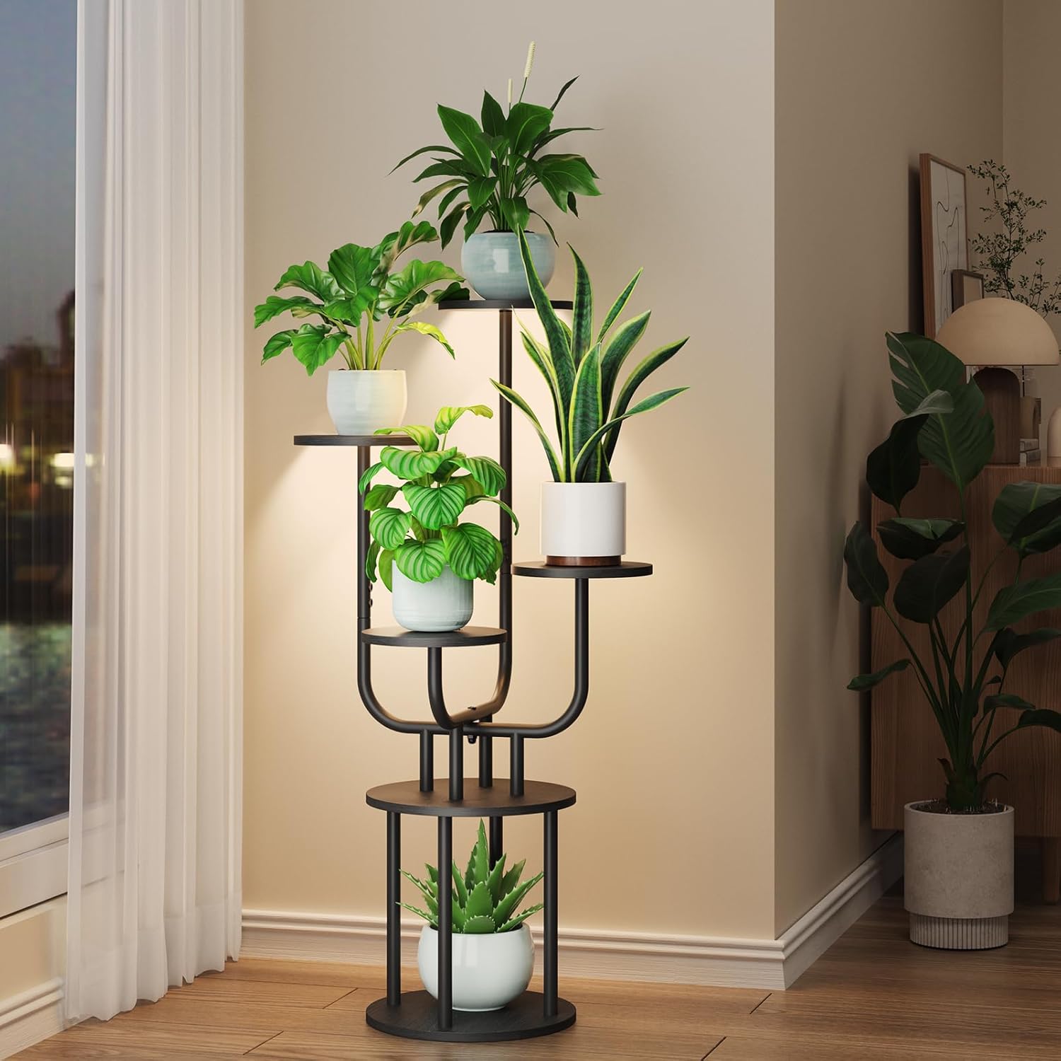 Indoor Plant Stand with Grow Light - 6 Tier Tall Plant Shelf Corner Display Rack Modern Metal Wood Plant Stand Indoor for Balcony Patio Garden Room Decor (Black)