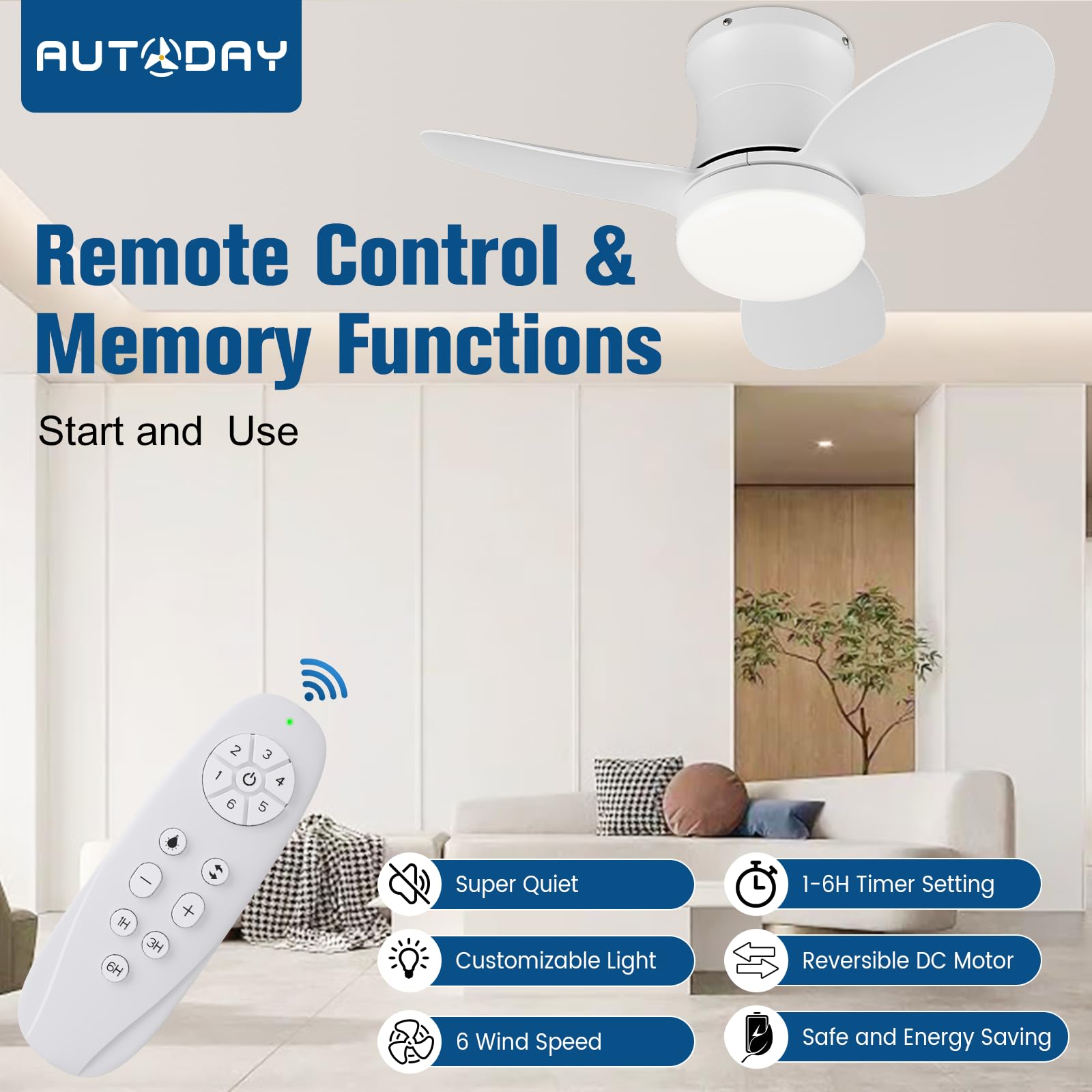 Ventilatore Da Soffitto Piccolo Silenziatore Dc Ventilatore A Soffitto Con Luce 6 Velocità Reversibile 3 Pale, Mini Led Ventilatore Soffitto Con Telecomando,Funzione Memoria,Timer (Bianco)