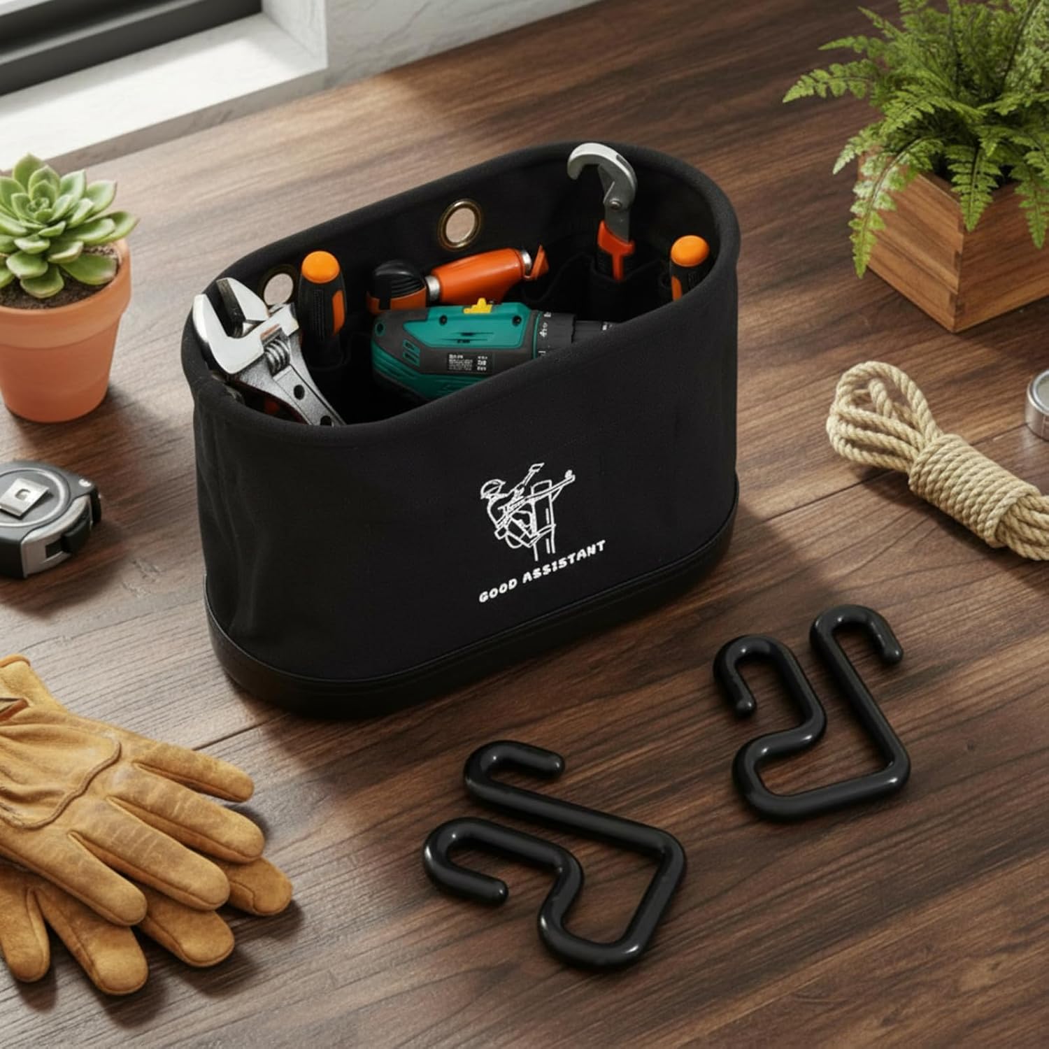 Vesici 1 Pcs Black Canvas Bucket Bag Including Hooks Aerial Oval Tool Bucket with Black Polypropylene Bottom 15 Interior Pockets Tool Organizer for Industrial Maintenance Construction Sites