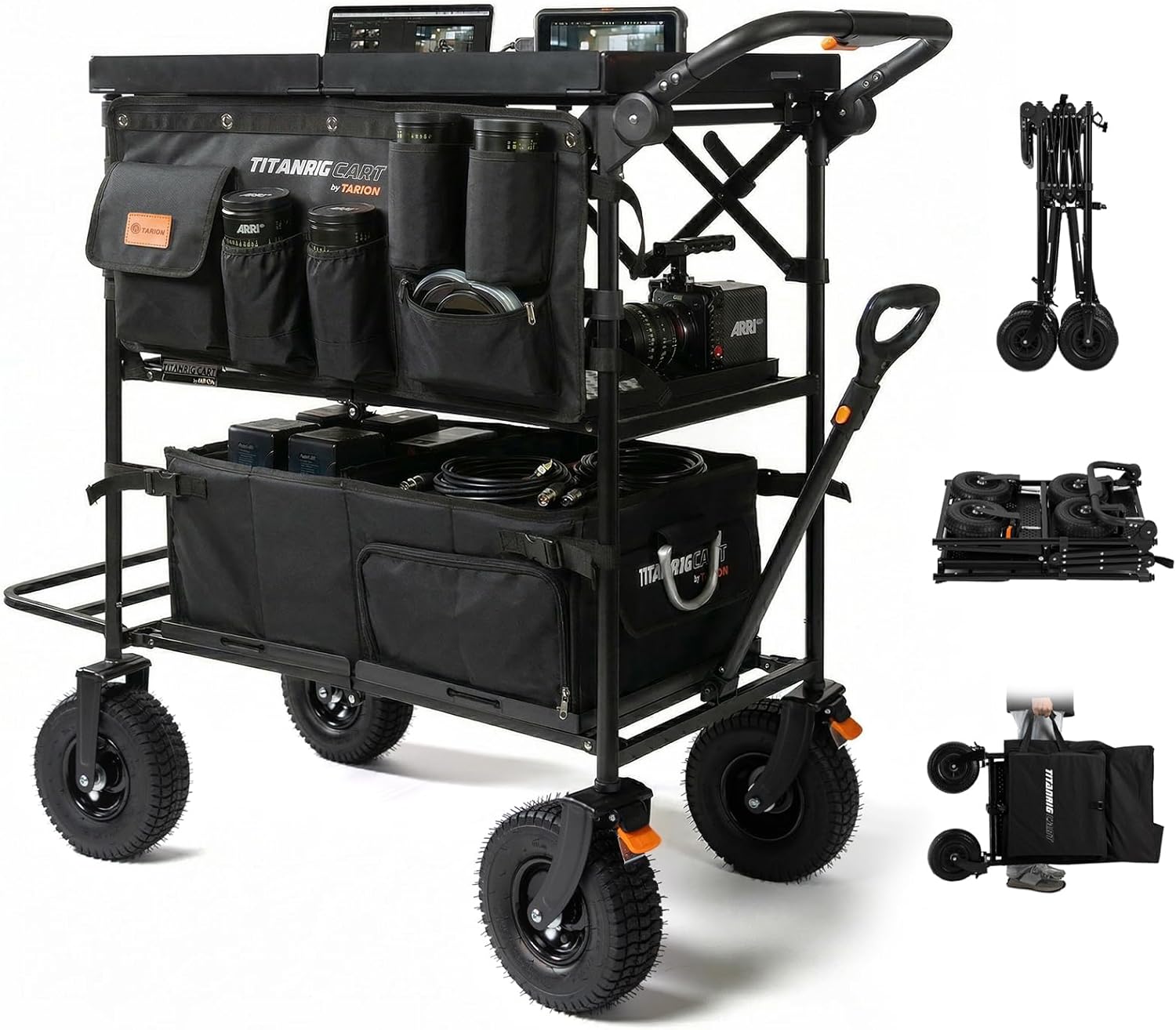 TARION Video Production Camera Cart - Foldable Photography Dolly with Inflatable Rubber Wheels and Wider Top Shelf - Heavy Duty Mobile Workstation with Storage Bins for Film Crew - Titanrig Cart Pro