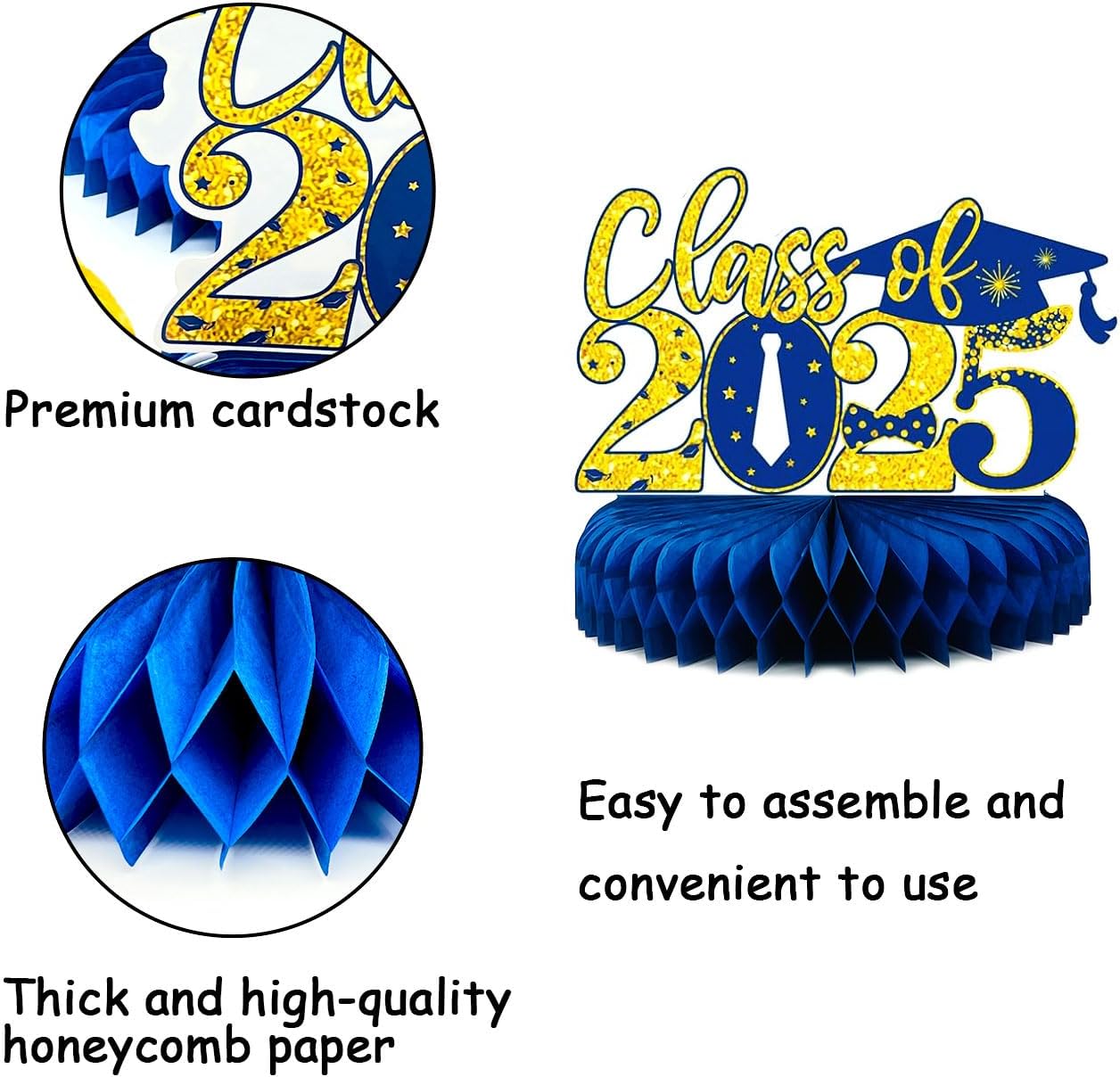 8 Pcs Blue and Gold Graduation Centerpieces for Tables 2026 - Class of 2026 Congrats Grad Party Decorations Supplies Table Toppers, Navy Blue Graduation Honeycomb Centerpieces for College High School