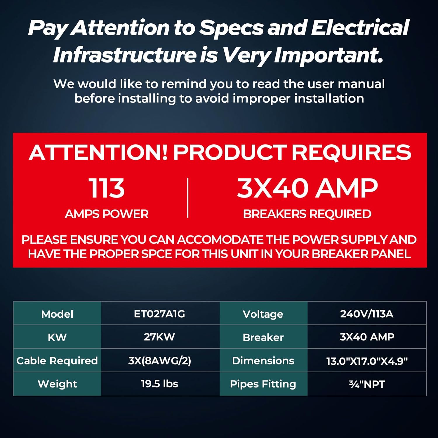 Table of electrical and plumbing installation requirements for Fogatti 27kW water heater