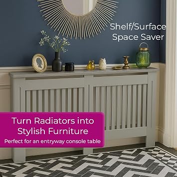 Neo Grey Decorative Radiator Cover Cabinet Wood Panel Slatted Front Compact Heater Design Console Table (Large H83.3 x W152 x D19 cm)