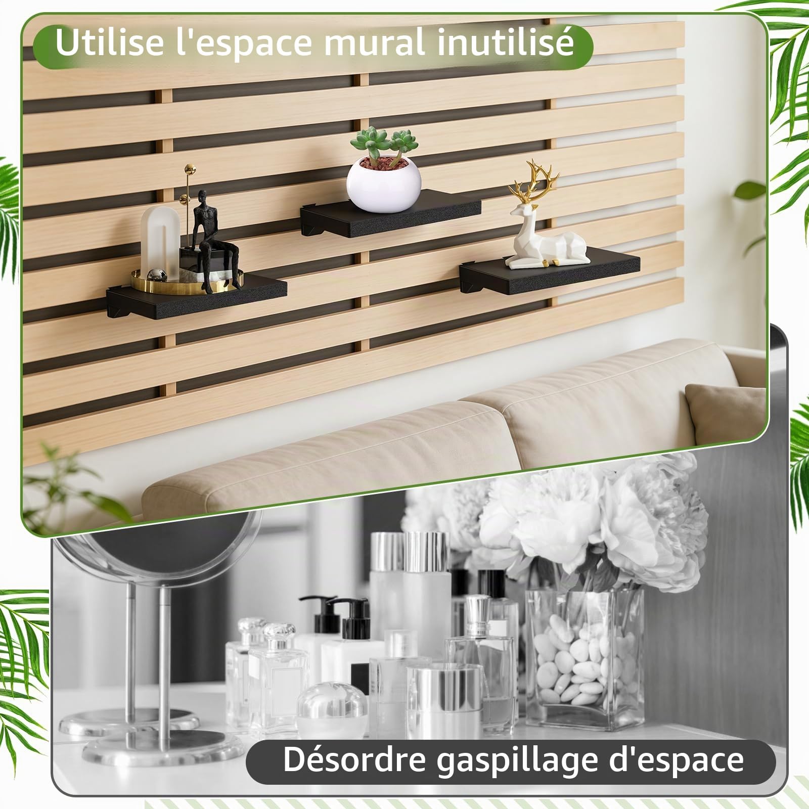 Meetory Étagère pour panneaux acoustiques - 2 pièces accessoires Panneaux acoustiques sans perçage Organisateur mural Étagère pour lattes Panneaux muraux Étagère flottante Salon