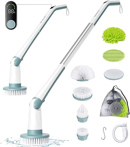 Limpiador eléctrico giratorio, limpiador de ducha con pantalla LED y 6 cabezales de repuesto para baño, de doble velocidad, limpiador eléctrico para