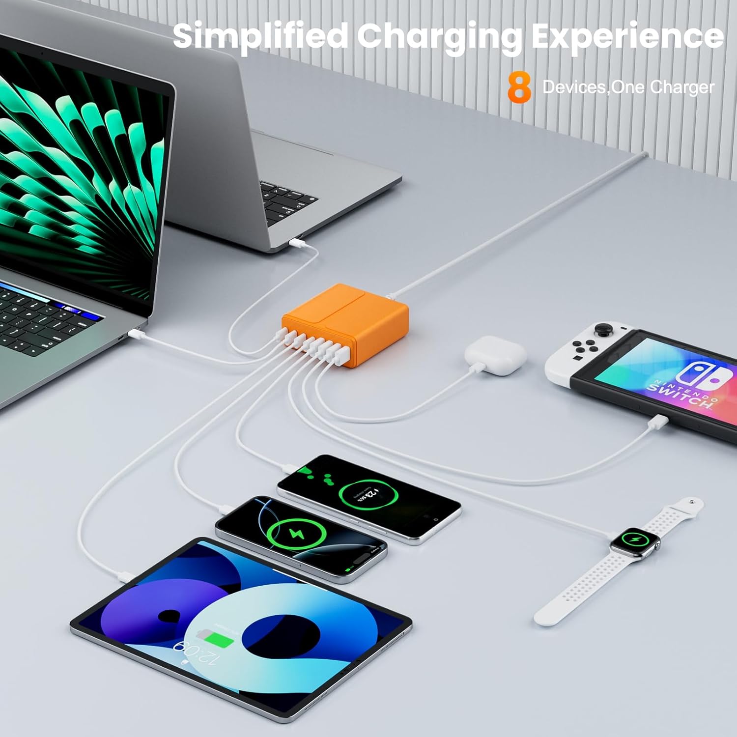 320W USB C Charger Block, 8-Port USB C Charging Station PD 65W PC Laptop Fast Charger Adapter for MacBookPro/Air,DELL,iPad,Portable Charging Station for iPhone,Samsung Galaxy (Orange)