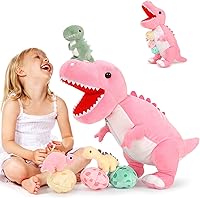 Vista 1 de MorisMos - Animal de peluche de dinosaurio con bebés, mamá dino T-rex de 23.6 pulgadas con 3 juguetes de peluche de bebé dino y 3 huevos de peluche