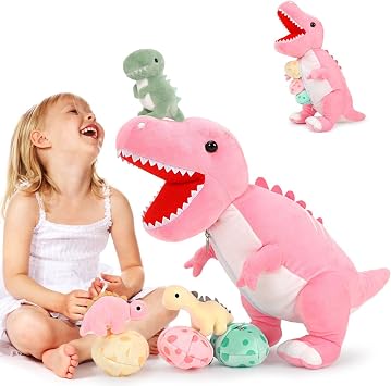 MorisMos Dinosaur Stuffed Animal with Babies, Pink Dinosaur Toys for Girls | 23.6 Big Mommy Stuffed Dinosaur Plush with 3 Baby Dino Toys & Eggs Inside,T-rex Dino Toys for Kid Birthday Gift Party Decor