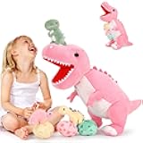 MorisMos Dinosaur Stuffed Animal with Babies,23.6'' Big Mommy Stuffed Dino T-rex with 3 Baby Dino Stuffed Toys & 3 Eggs Plush Inside Belly, Boy Girl Dinosaur Toys for Kids 3-5, Pink T-rex Toys Gift