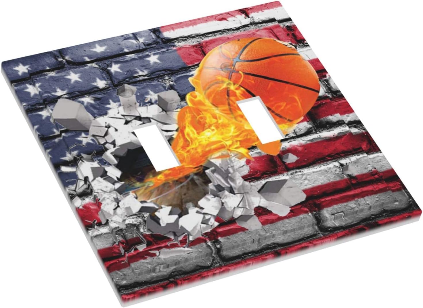 Basketball Sport American Flag 2 Gang Double Toggle Light Switch Cover Decorative Wall Plate Electrical Faceplate for Bathroom Home Bedroom House Decor 5" x 4.9 Oversized